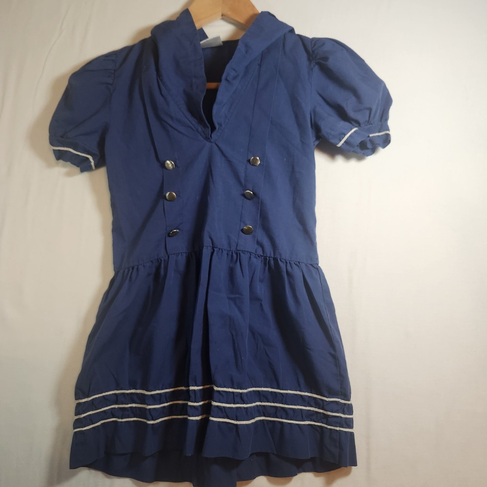Vintage Navy Blue Sailor Dress Girls Size 6 Nautical Puff Sleeve Double Breasted